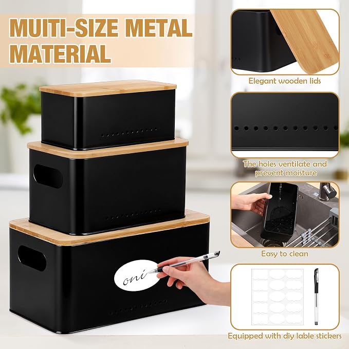 Honeydak 3 Pcs Metal Storage Box with Lid Nesting Farmhouse Storage Bins for Kitchen Pantry Bathroom Living Room Office, Aerating Produce Keeper & Countertop Organizer Set(Black)