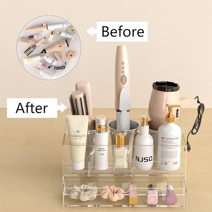 NIUBEE Hair Tool Organizer, Clear Acrylic Hair Dryer and Styling Organizer with Drawer, Bathroom Countertop Blow Dryer Holder, Vanity Caddy Storage Stand for Accessories, Makeup, Toiletries
