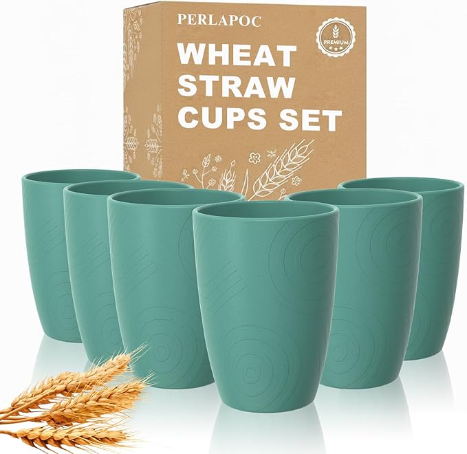 Wheat Straw Plastic Cups Set 6 PCS, 12 OZ Unbreakable Reusable Plastic Cups, Dishwasher Safe Kids Drinking Cups for Indoor and Outdoor Use, Green