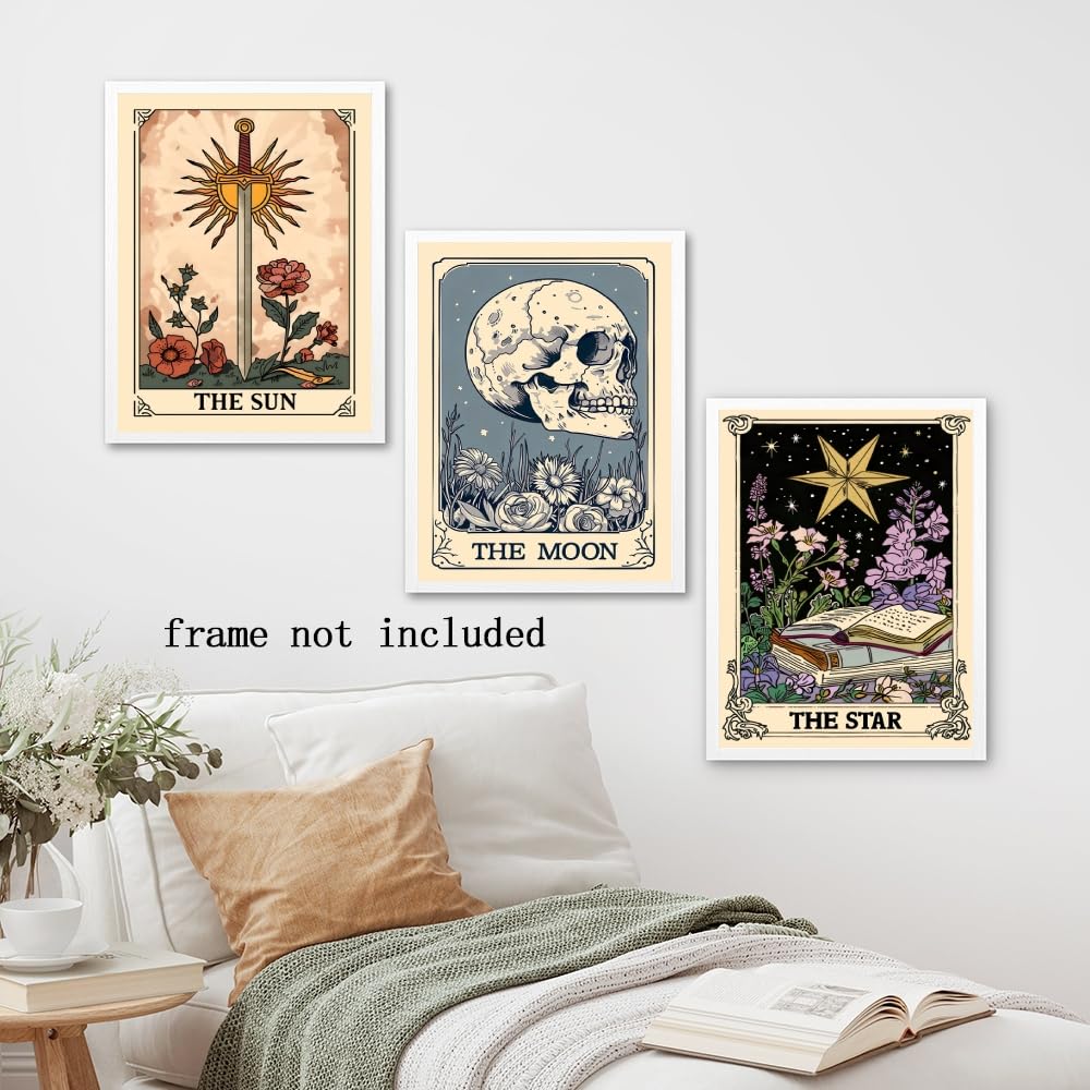 Set of 3 The Sun Moon Star Wall Art Mystical Tarot Card Print Earthy Boho Celestial Pictures Decor Astrology Posters Spiritual Witchy Room Aesthetic Painting for Bedroom 8x12inch Unframed