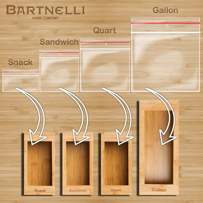 Bartnelli Bag Organizer for Kitchen Storage Organization, 4 PC Premium Bamboo Drawer Organizer, Bag Holder Dispenser