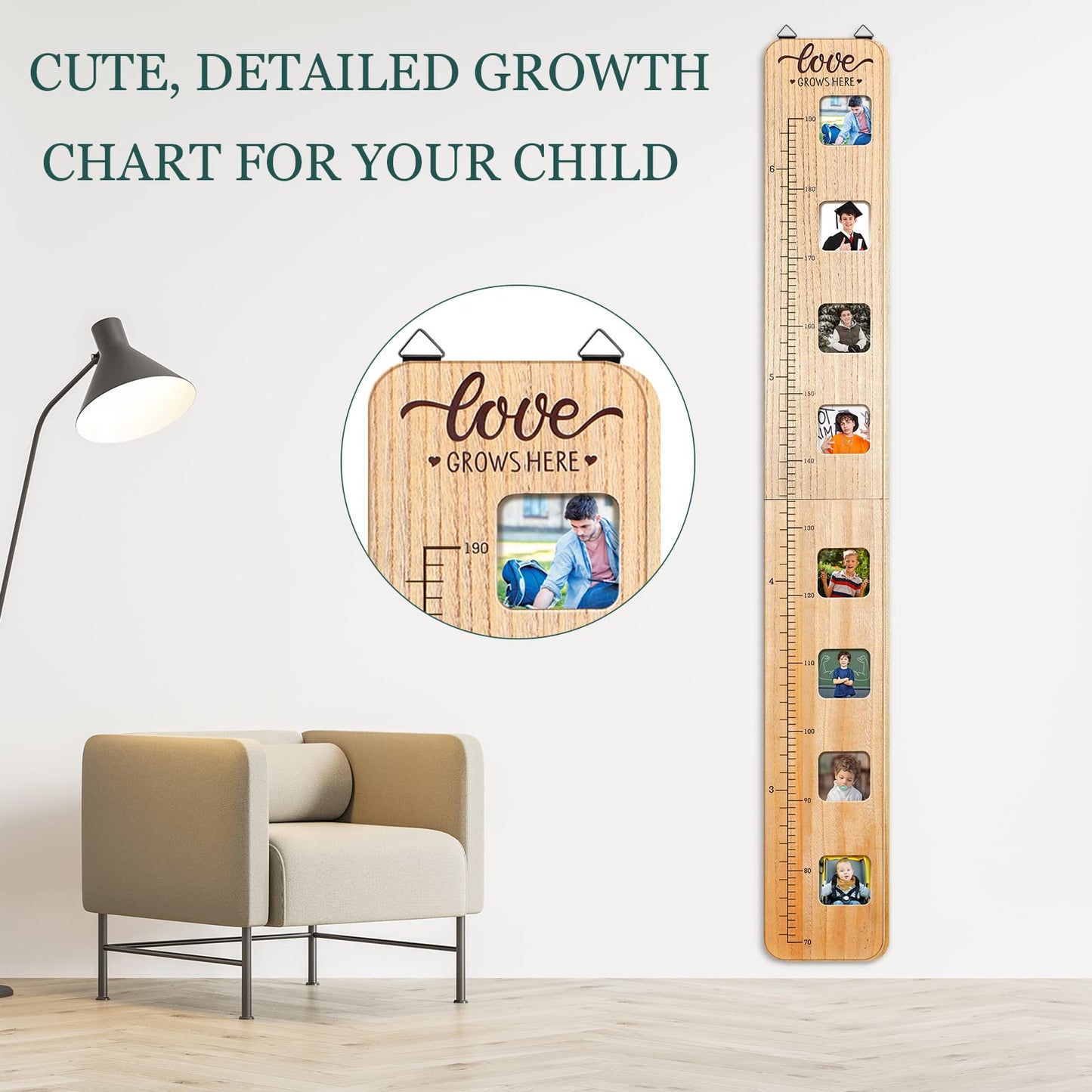 Chunful Wooden Growth Chart for Kids with Picture Frames Height Growth Chart for Wall Foldable Height Measurement Ruler for Boy Girl Teen Bedroom Playroom Nursery Child's Room Wall Decoration