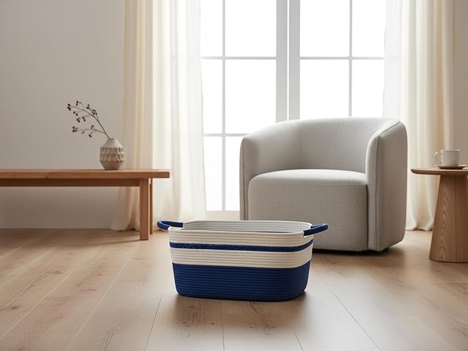 Decorative laundry basket with handles woven from natural cotton rope storage blankets for living room cute boho quilted gift baskets for clothes pillows toys 20"x14"x10",white/blue