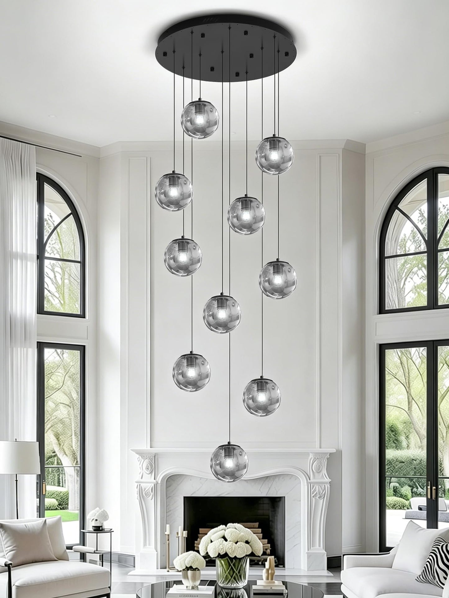ykolupty H138 Modern Smoke Glass Globe Chandelier Large Chandeliers for High Ceiling 10-Lights Entryway Modern Lighting Fixture Glass Globe Pendant Light for Living Room Foyer Hallway
