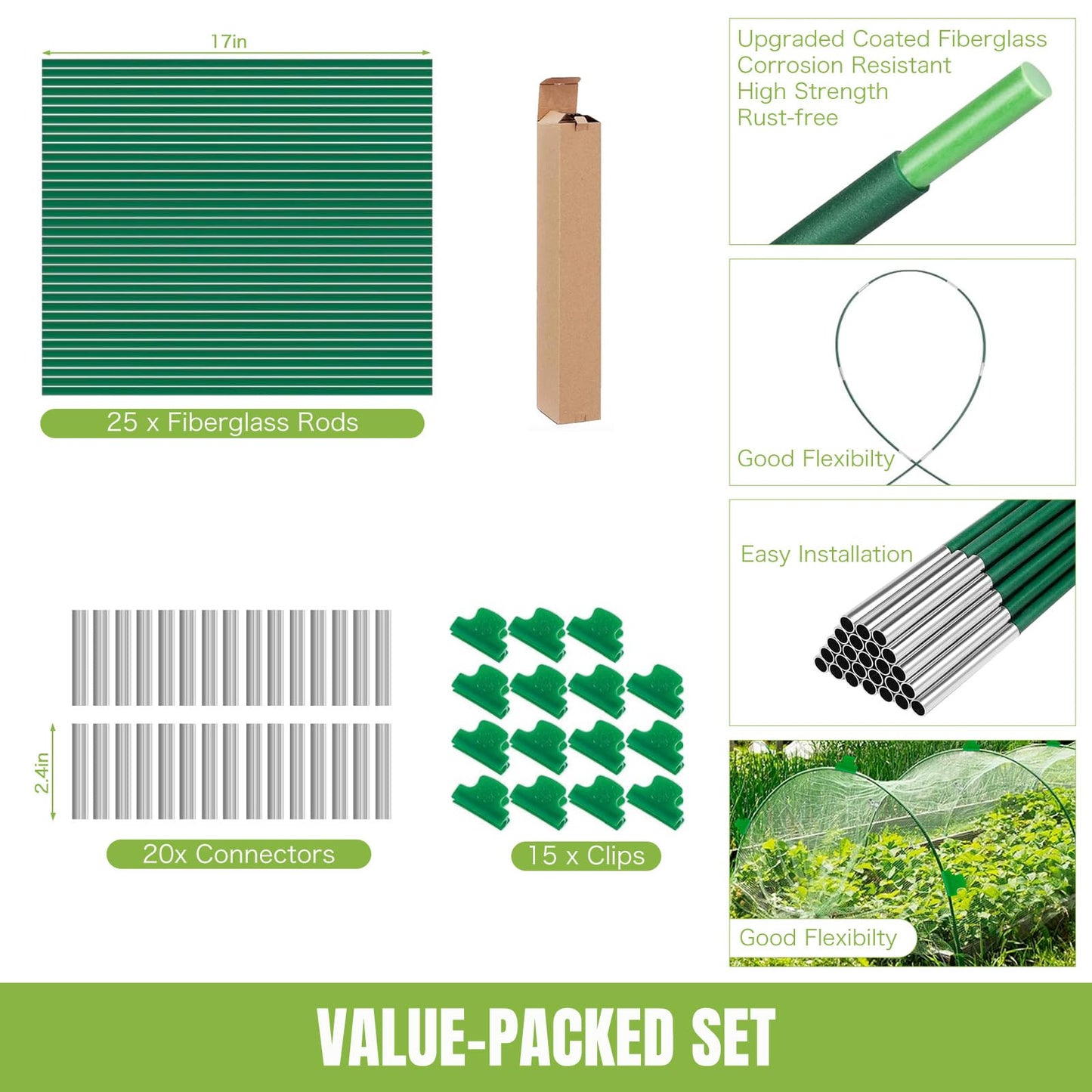 Joyhalo Garden Hoops for Raised Beds, 25pcs (5 Sets of 7ft) Fiberglass Hoops with PVC Coating, DIY Greenhouse Tunnel for Row Cover, Bird Netting & Plant Protection, Extend Growing Season