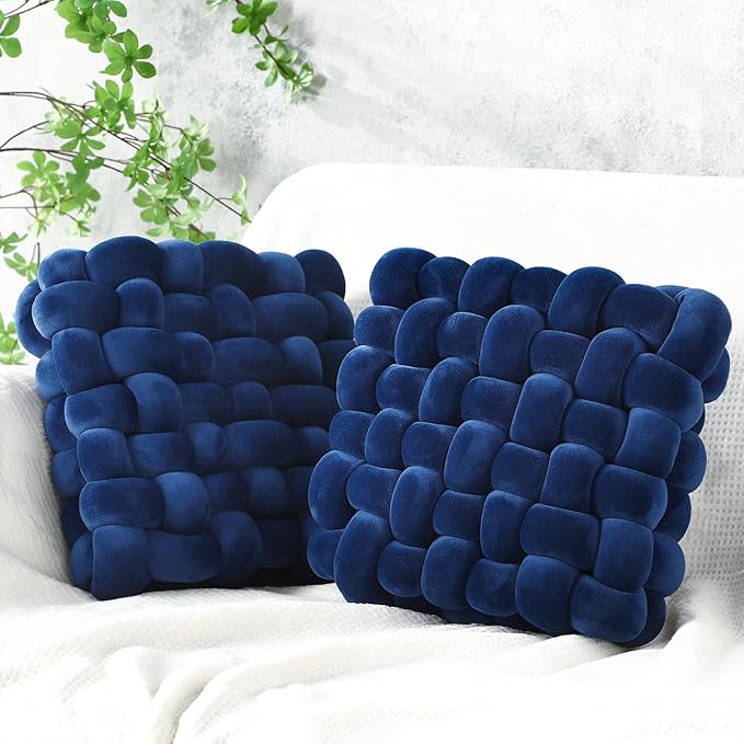 Wenqik 2 Pcs Knot Pillows Square Knotted Plush Throws Soft Accent Pillows Decoration Cushion for Couch Home Office Living Room Bedroom Bed Sofa Decor, 12'' x 13''(Navy Blue,Crystal Velvet)