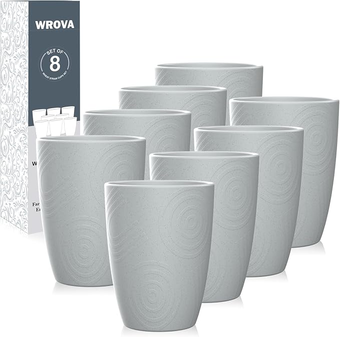 Wrova Wheat Straw Cups 8 PCS Good Alternative to Plastic Reusable Cups 12 oz Unbreakable Drinking Cup Reusable Dishwasher Safe Water Plastic Glasses Light Grey