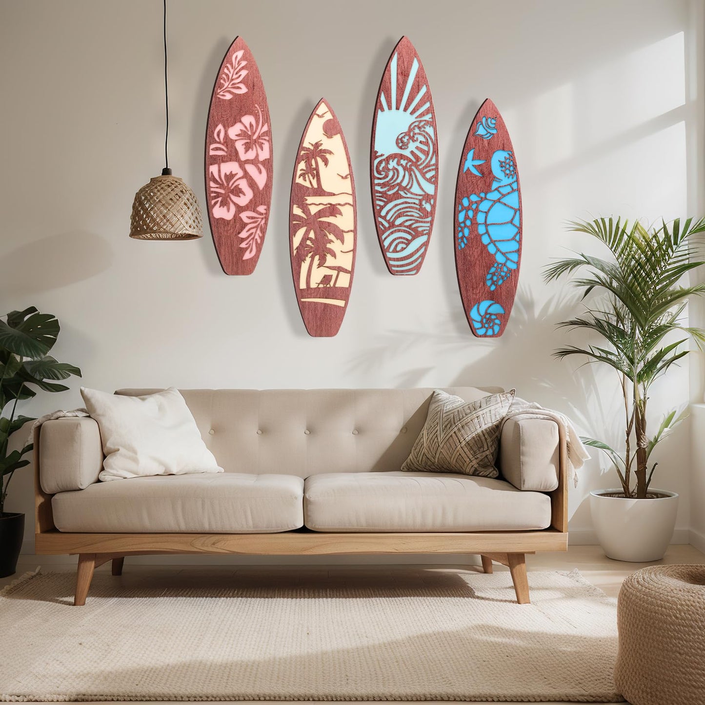 Lineshading 4 Pcs 23.6" x 6.7" Surfboard Wall Decor Large Surfboard Hanging Sign Summer Hawaiian Tropical Surf Boards Decor for Wall Room Bedroom Party Beach Art(Classic Style)