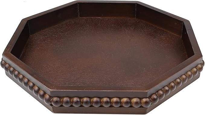 Hrastany Retro Brown Octagonal Wood Decorative Tray, Small Farmhouse Wooden Serving Tray with Beads, Versatile Coffee Table Tray for Kitchen Counter, Ottoman, Living Room