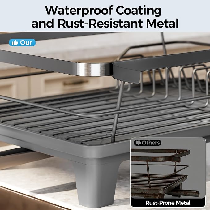 Urackify Dish Drying Rack for Kitchen Counter, Sink Dish Rack with Drainboard 12.2" W x 16.5" L, Large Dish Drainer with Cutlery Holder, Home Countertop Plate Dryer Storage Rack, Gray