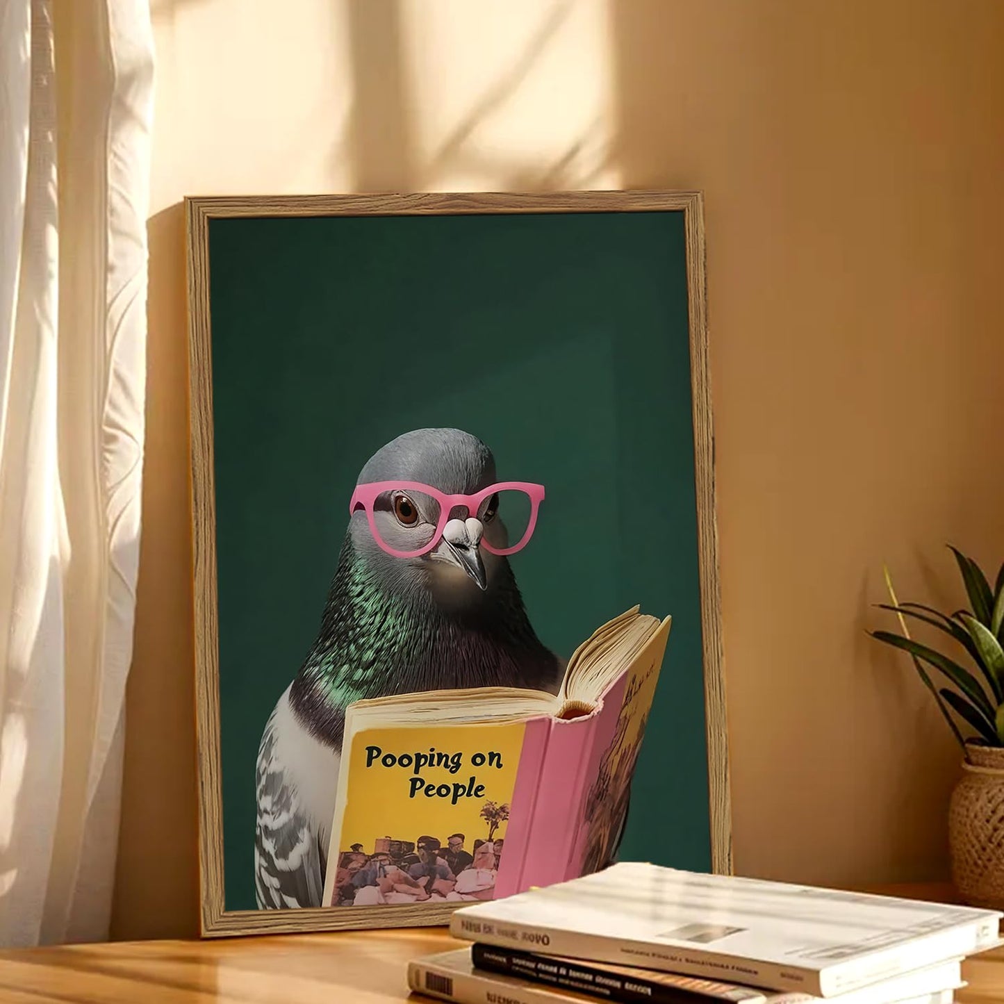 Framed Funny Pigeon Wall Art, Humorous Bird Reading Wall Decor Paintings, Pooping on People Book Pictures Canvas Print Eclectic Home Decor for Bathroom Living Room Office Dorm 12x16 inch
