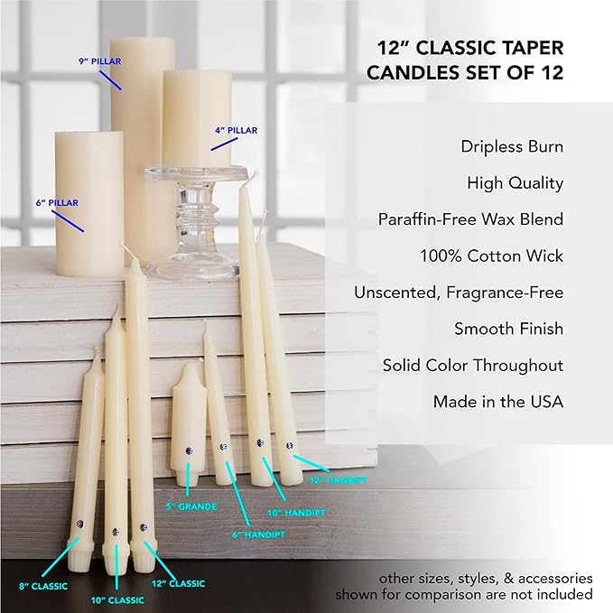 Colonial Candle Unscented Taper Candle, Classic Collection, Colonial Classic Green, 12 In, Pack of 12 - Up to 10 Hours Burn
