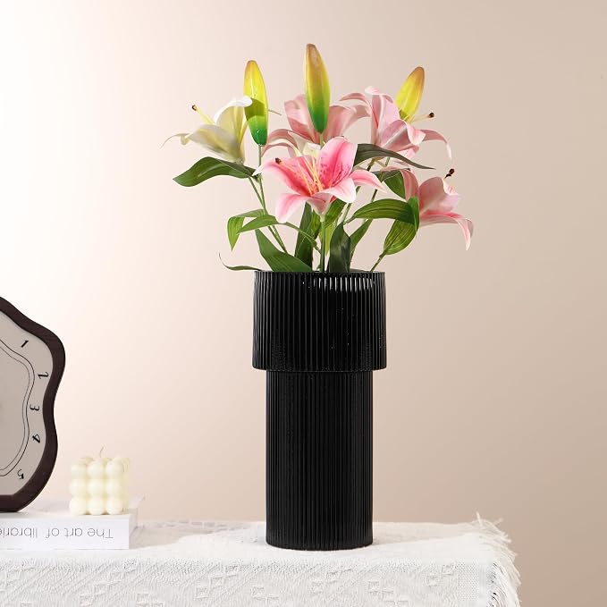 Black Glass Vase, 12 Inches Tall Vase for Flowers, Large Flower Vases for Bouquet, Modern Black Glass Vases for Living Room, Dining Table, Office, Entryway, Mantle, Shelf, Wedding Gifts