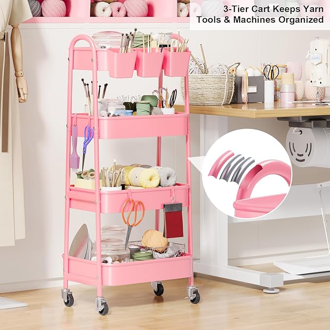 4 Tier Rolling Cart Metal with Lockable Wheels, Four Tiered Pink Trolley Cart on Wheels, Utility Storage Organizer Carts for Bathroom, Kitchen, Art, Craft, Baby Diaper Caddy, Snack, Makeup, Nail, Lash