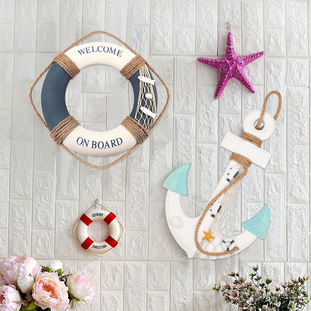 13" Nautical Wooden Anchor with Rope Nautical Beach Wood Anchor Wall Art Decor Door Hanging Ornament Beach Theme Home Decoration (White&Green)
