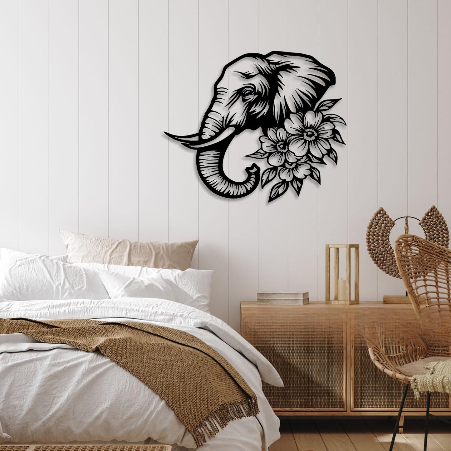 LIYOUYA Elephant Flower Metal Wall Decor - Rustic Farmhouse Room Decor Simple Black Wall Art Home Decor for Living Room, Bedroom, Dining Room, Garden, Courtyard (Black)