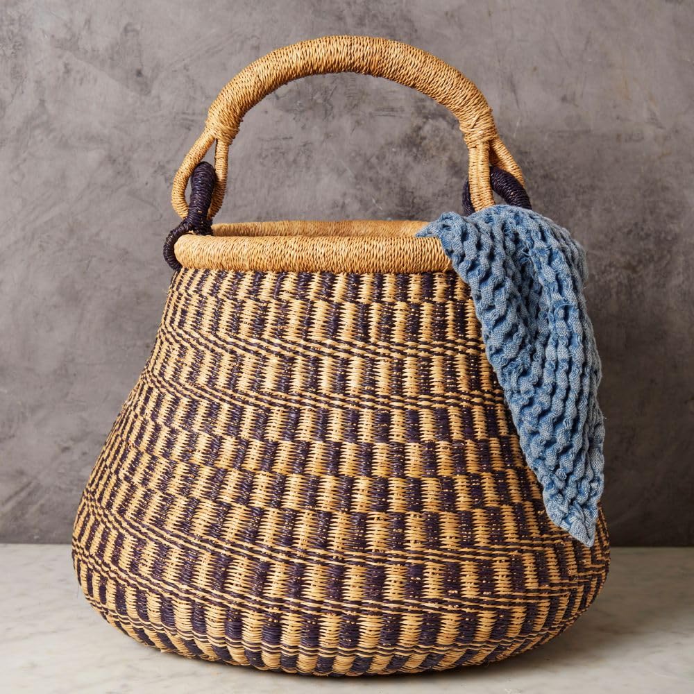 Wicker Storage Basket for Home, Natural and Navy, 16 Inch Wide