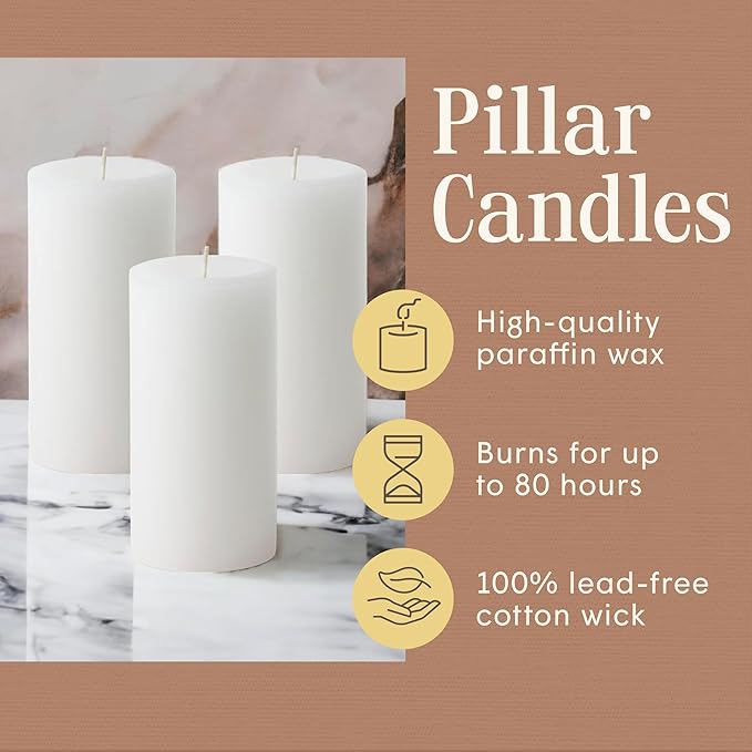 Mister Candle Dripless Unscented Pillar Candles, Set of 3 Hand Poured White Solid Color Non-Scented Candles for Home Decor, Premium Wax, 80 Hr Burn Time, 3x6 Inch