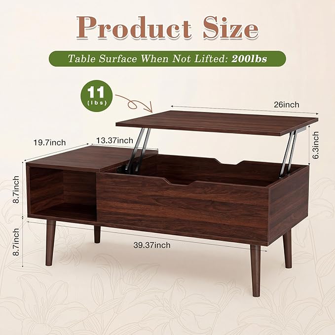 OLIXIS Wood Lift Top Coffee Table with Hidden Compartment and Large Storage Shelf, Lift Tabletop Dining Center Table for Home Living Room Office, Dark Brown