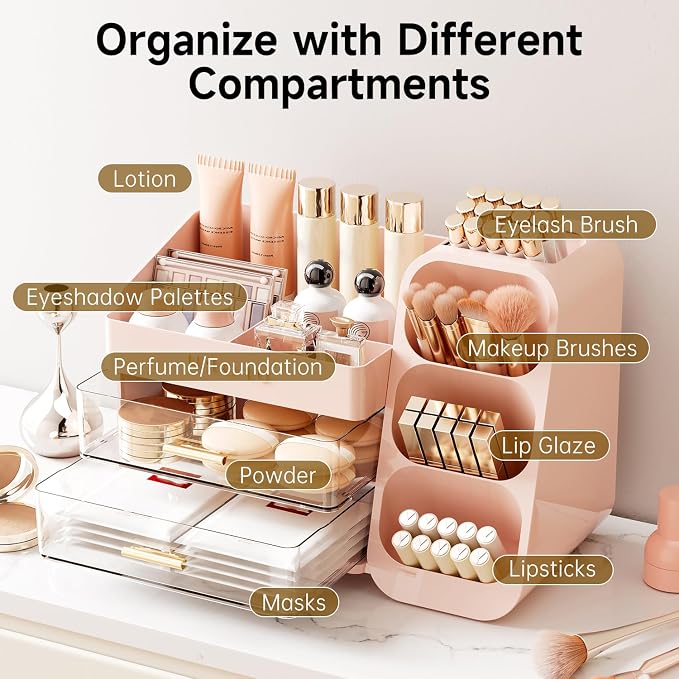 UFORU Makeup Organizer for Vanity with Brush Holder, Large Capacity Bathroom Countertop Skincare Organizer with 2 Drawers, Cosmetic Display Case for Perfumes, Eyeshadow Palettes, Nail Polishes