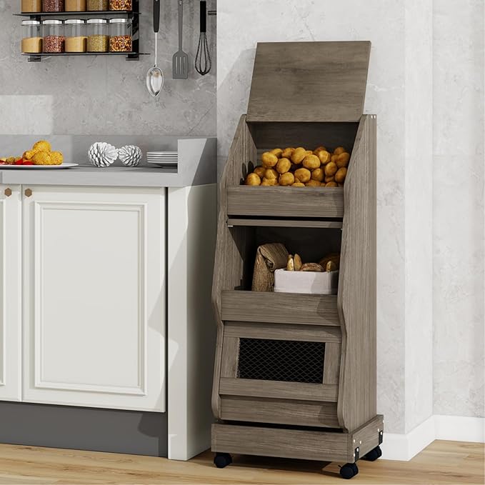 ARTETHYS Potato and Onion Storage Bin with Wheels Gray Movable Bread Box with Lid Onion Organizer with Grocery Section Decorative Vegetable Organization Cabinet for Kitchen