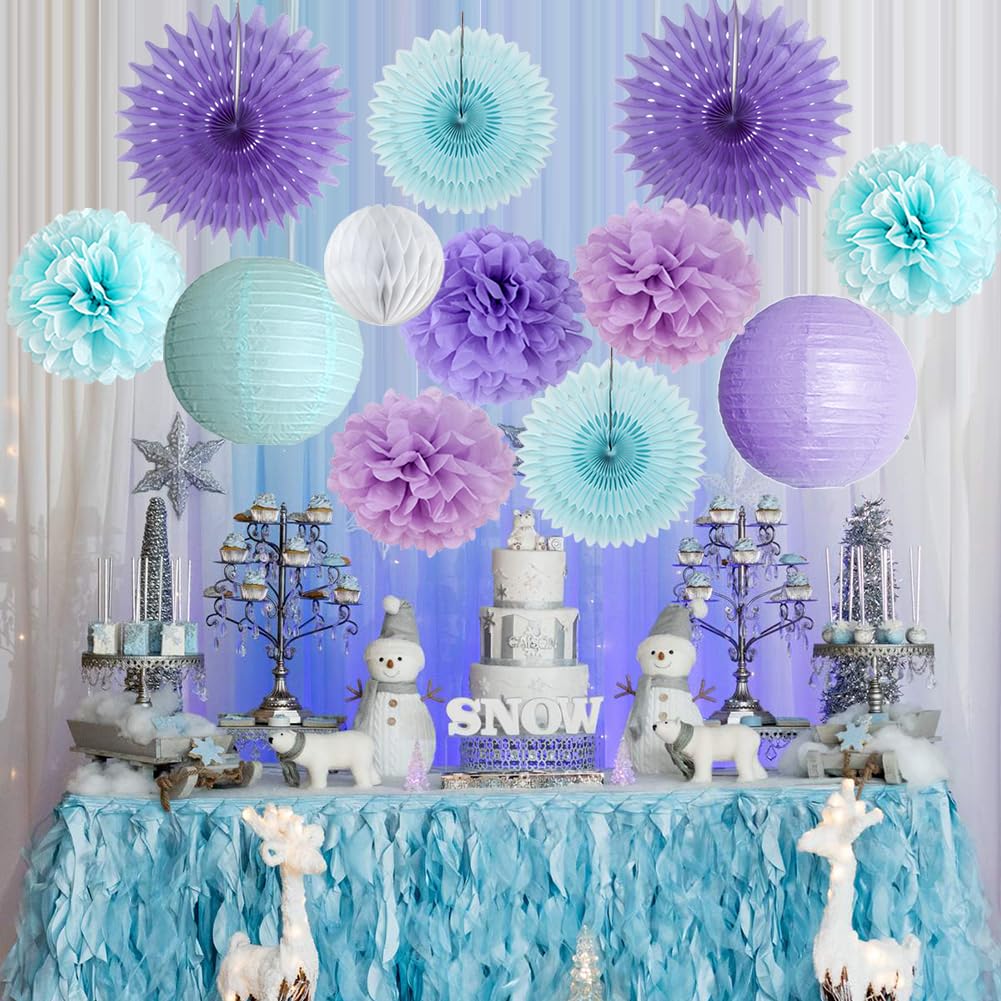 Winter Wonderland Decorations Snowflake Fans Blue Purple White Winter Birthday Bridal Shower Baby Shower Decorations with Confetti Table for Wonderland Snowflake Engagement Wedding Bachelorette Party