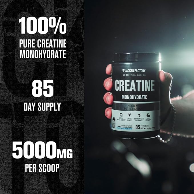 Jacked Factory Creatine Monohydrate Powder 425g - 5g Daily Creatine Supplement for Men and Women, Vegan-Friendly, Third-Party Tested - 85 Servings, Blue Raspberry