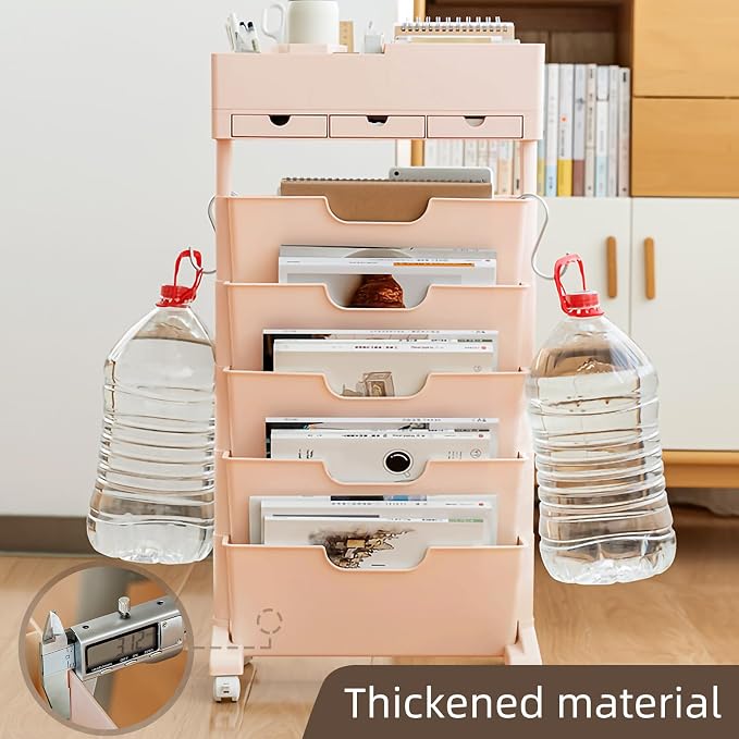 5 Tier Rolling Book Cart Multi-Functional Movable Storage Bookshelves with Lockable Wheels for Study Office Library Classroom, (Pink, with Wheel)