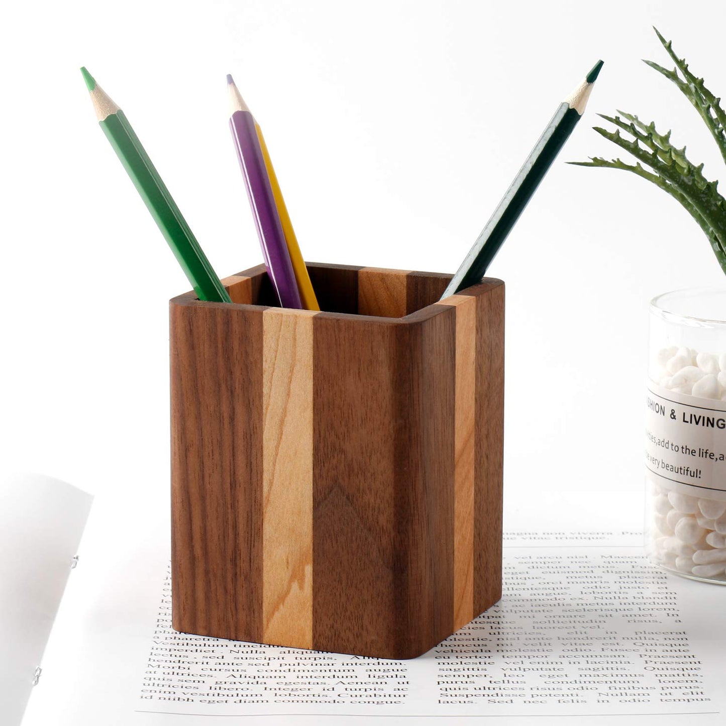 YOYAI Walnut Pencil Holder Wood Pen Holder For Desk Pen Cup Organizer Ofiice Pencil Stand Simple(Cherry center walnut side)
