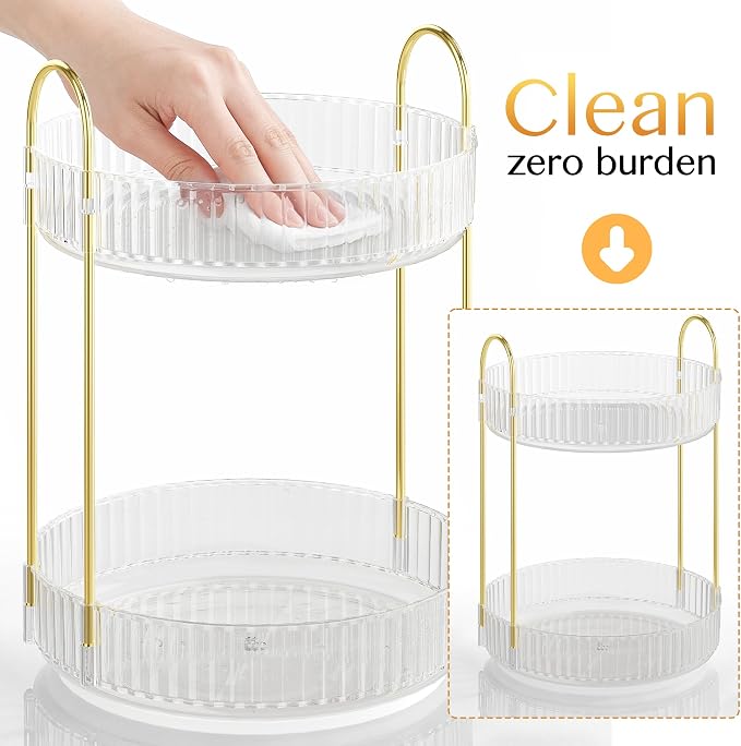 Rotating Makeup Organizer Countertop,Skincare Organizers,Spinning Perfume Tray Stand,Makeup Storage Organizer for Vanity,Bathroom Organizer and Storage,Lazy Susan,2 Tier,Clear