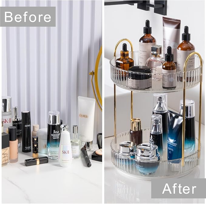 shuang qing Rotating Makeup Organizer for Vanity, High-Capacity Skincare Clear Make Up Storage Perfume Organizers Cosmetic Dresser Organizer Countertop 360 Spinning (Clear, 2 Tier)