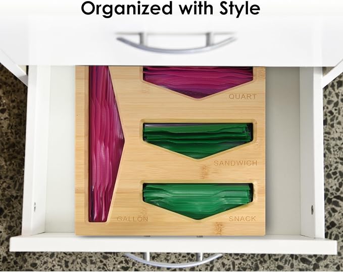 Bamboo Bag Storage Organizer for Kitchen Drawer, Baggie organizer, Compatible with Gallon, Quart, Sandwich and Snack Variety Size Bags (Natural Bamboo)