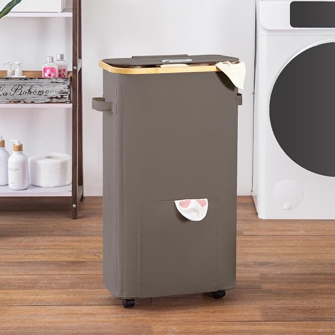 Vincona Laundry Basket with Wheels, Tall Dirty Clothes Hamper on Wheels, Rolling Laundry Hamper with lid for Dorm, Bedroom and Bathroom