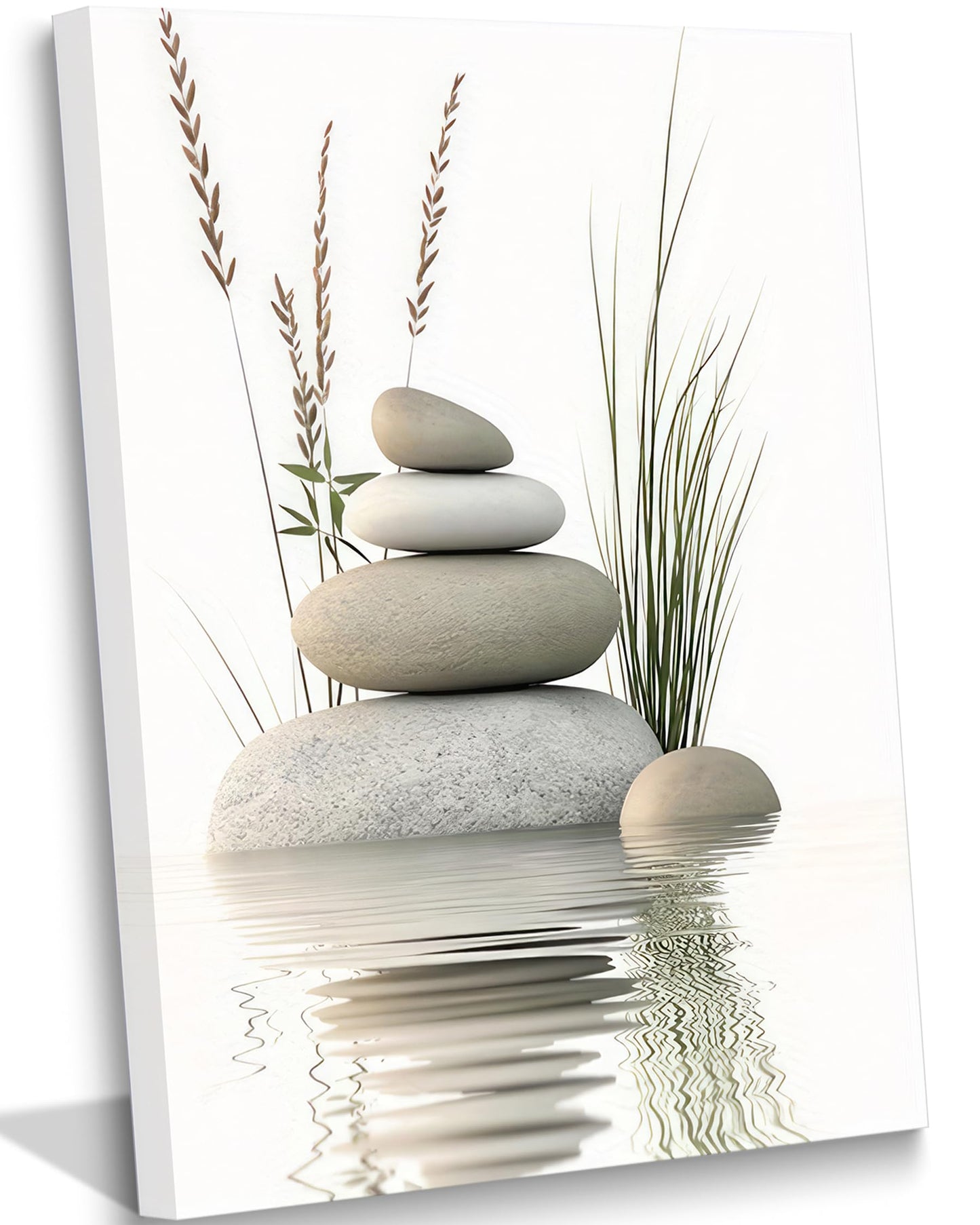 KBIERQN Zen Stone Canvas Wall Art Stacked Stones in Water Poster Print Tranquil Wild Grass Painting Picture for Spa Yoga Meditation Room Bathroom Wall Decor 16x24in Framed Ready to Hang