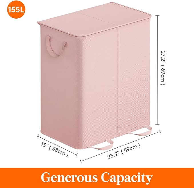 Lifewit Double Laundry Hamper with Lid and Removable Laundry Bags, Large Collapsible 2 Dividers Dirty Clothes Basket with Handles for Bedroom Laundry Room Closet Bathroom College, 155L Pink