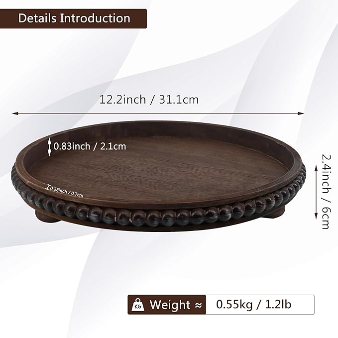 FramePro Decorative Tray 12in Round Wood Beaded - Brown Serving Tray Risers for Living Room, Coffee Table, Kitchen or Farmhouse Display