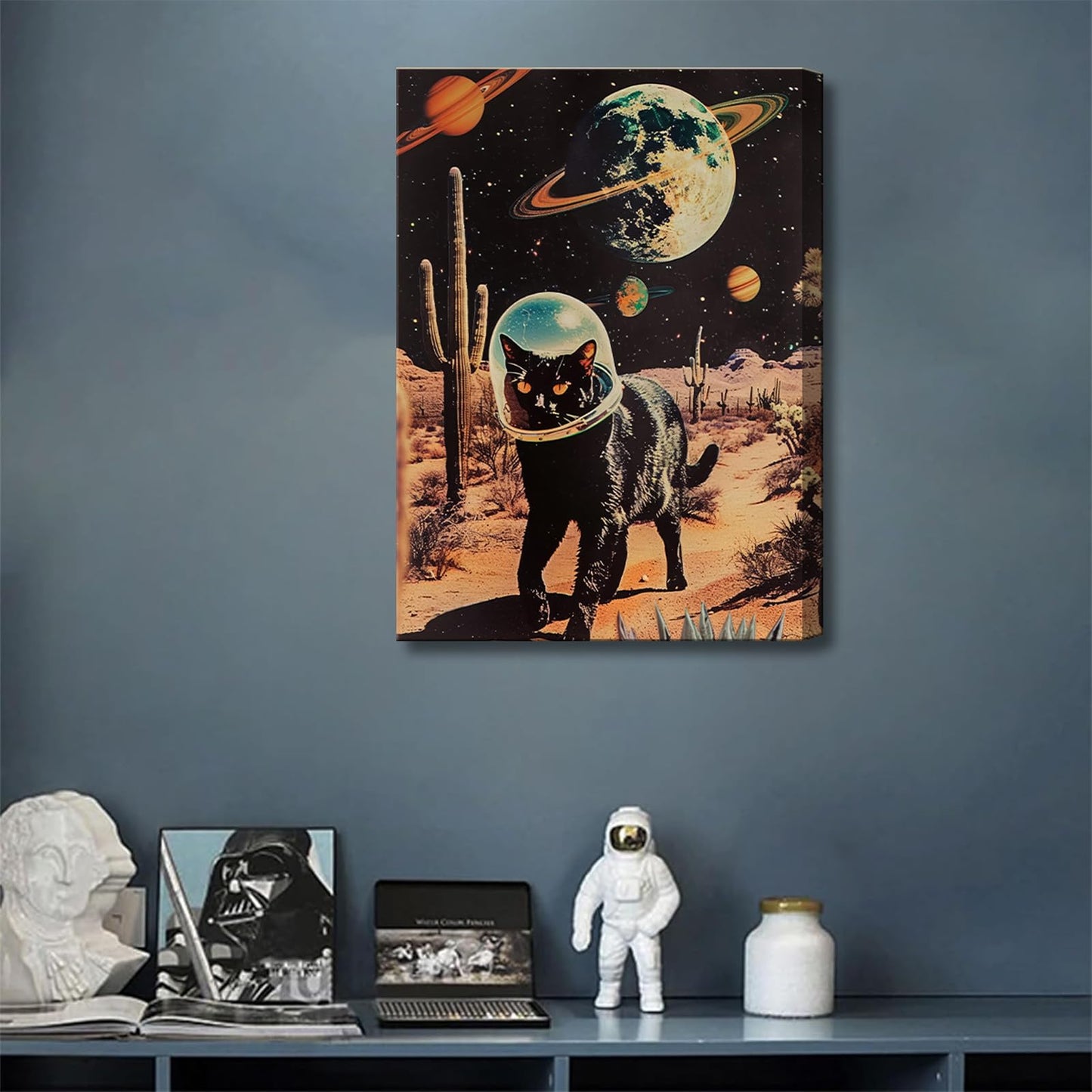 Ijeroain Black Space Cats Wall Art Funny Cat Wall Decor Pictures Cat astronaut painting artwork Cosmic planet Whimsical Print for Boys and Girls Room Bedroom home decoration 12x16in Canvas