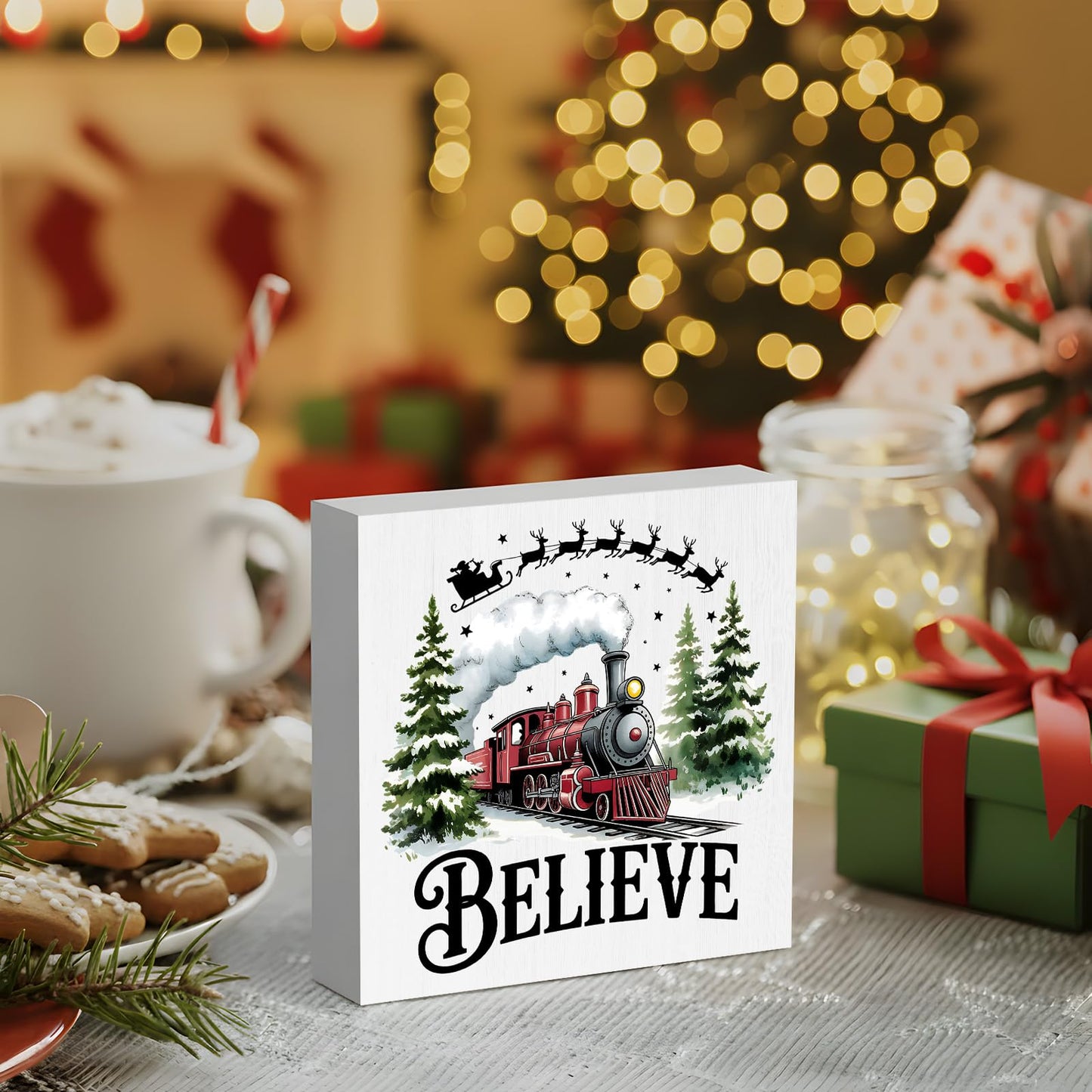 WIKERL Merry Christmas Wooden Box Sign Plaque, Santa Sleigh Decor Believe in Tree Wood Block Sign, Train Winter Holiday Decoration for Home Office Desk Table Shelf Wall