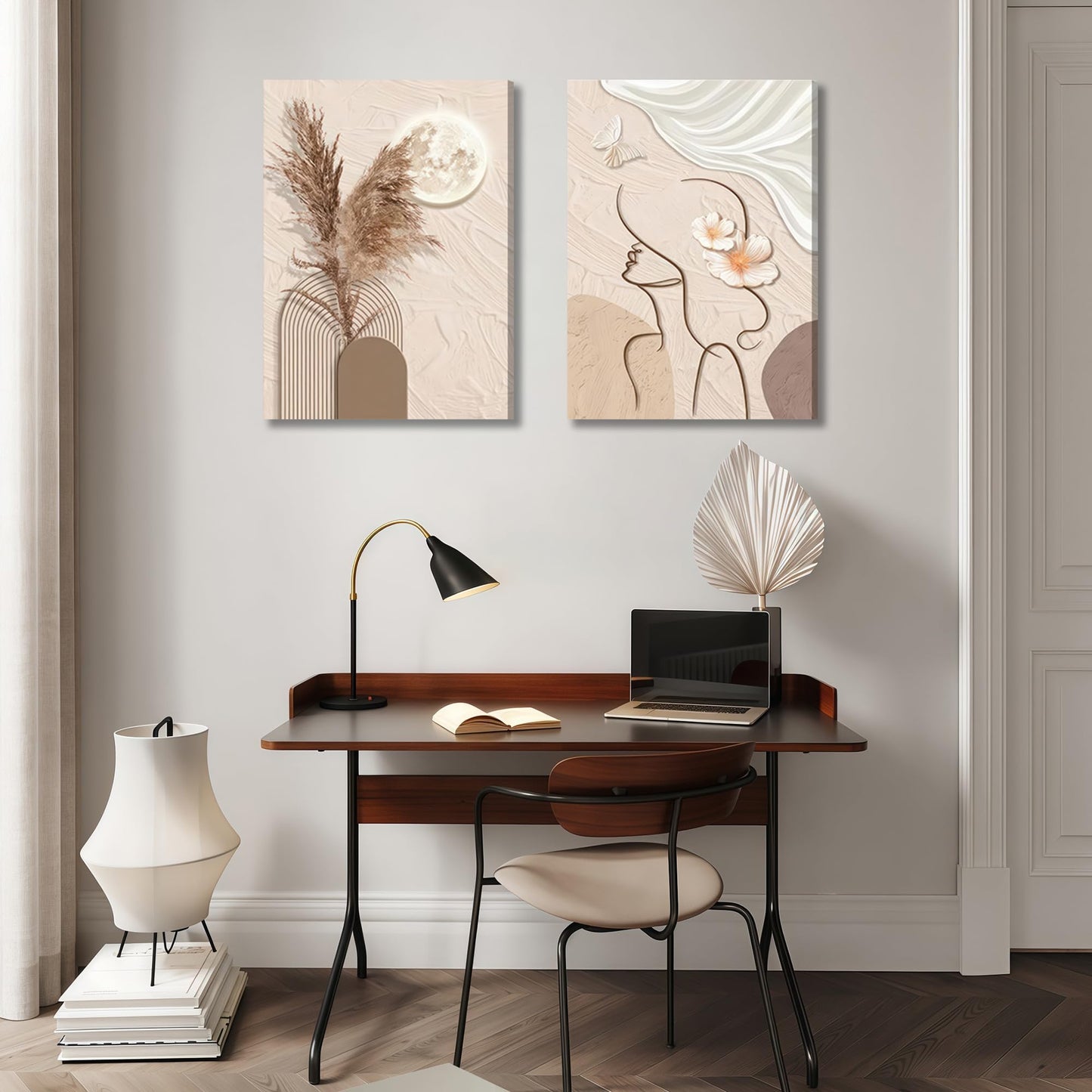 TJRRKYHY 2Pcs Modern Boho Abstract Canvas Wall Art Beige Minimalist Woman Line Art Decor Neutral Geometry Prints for Living Room Bedroom Bathroom Home Decor (12x16in canvas)