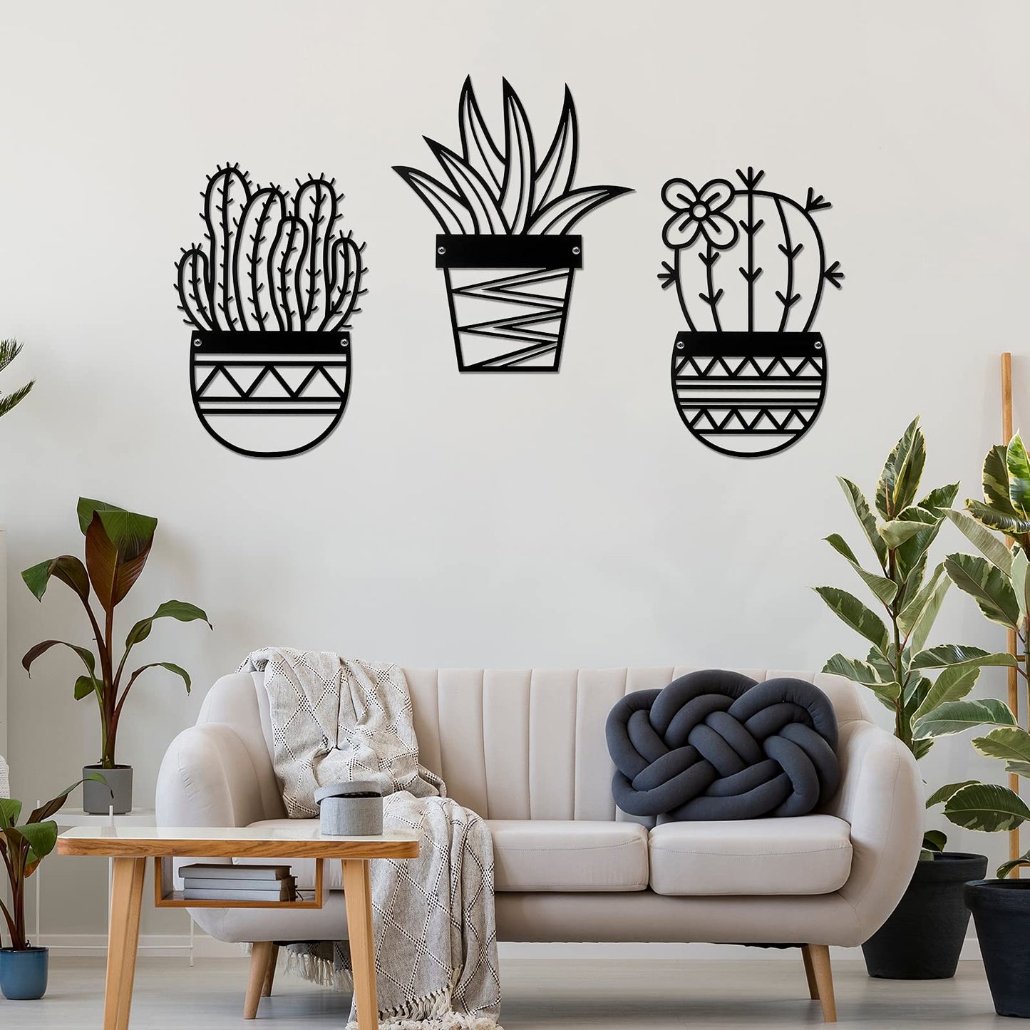 Hotop 3 Pcs Metal Cactus Wall Arts Black Rustic Farmhouse Wall Decor Natural Themed Plant Modern Black Metal Hanging Decors for Office Home Living Room Bathroom