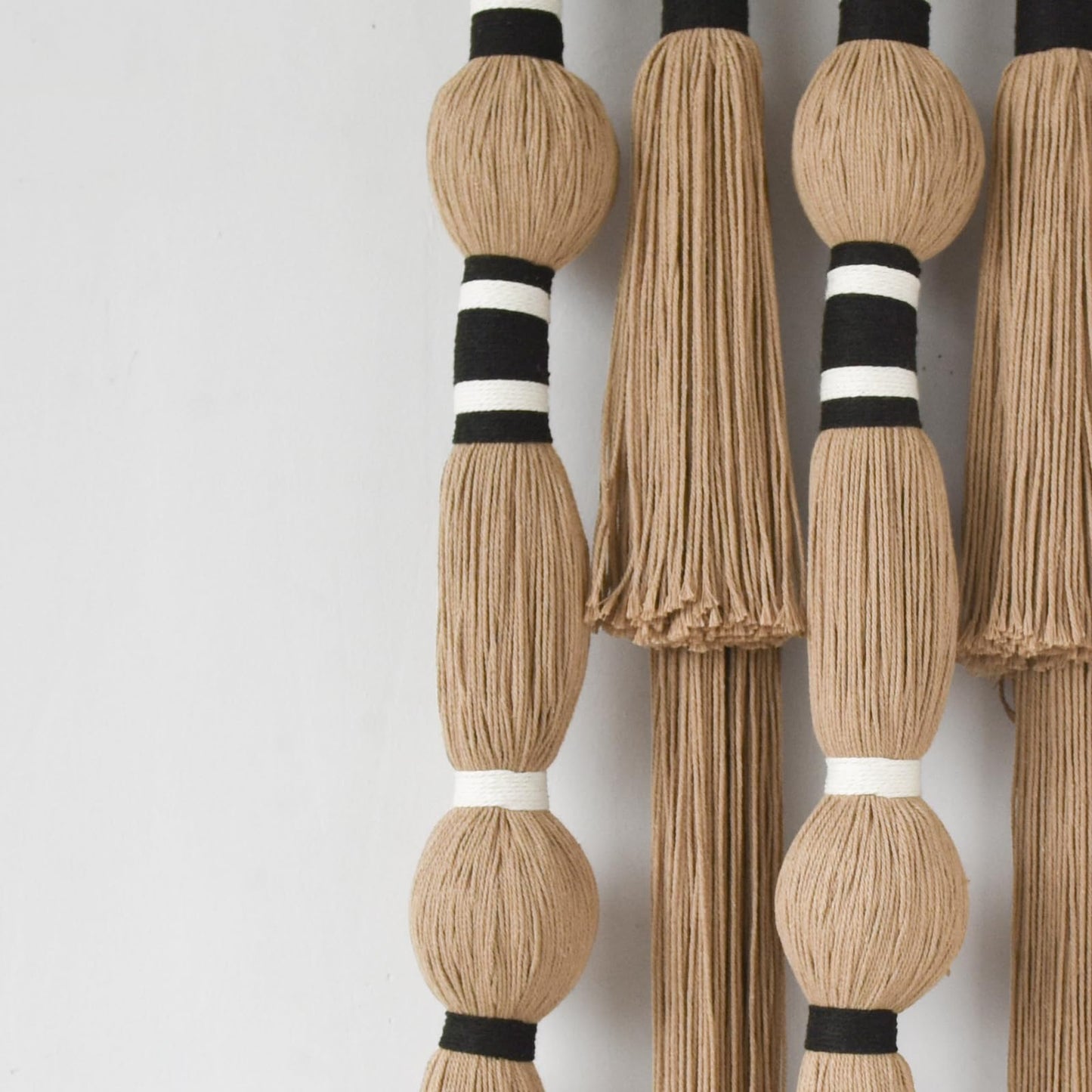 Flber Macrame Wall Hanging Khaki Black Geometric Yarn Wall Art Cotton Tassel Textile Wall Decor for Bedroom Living Room 15.7" W x 39" L