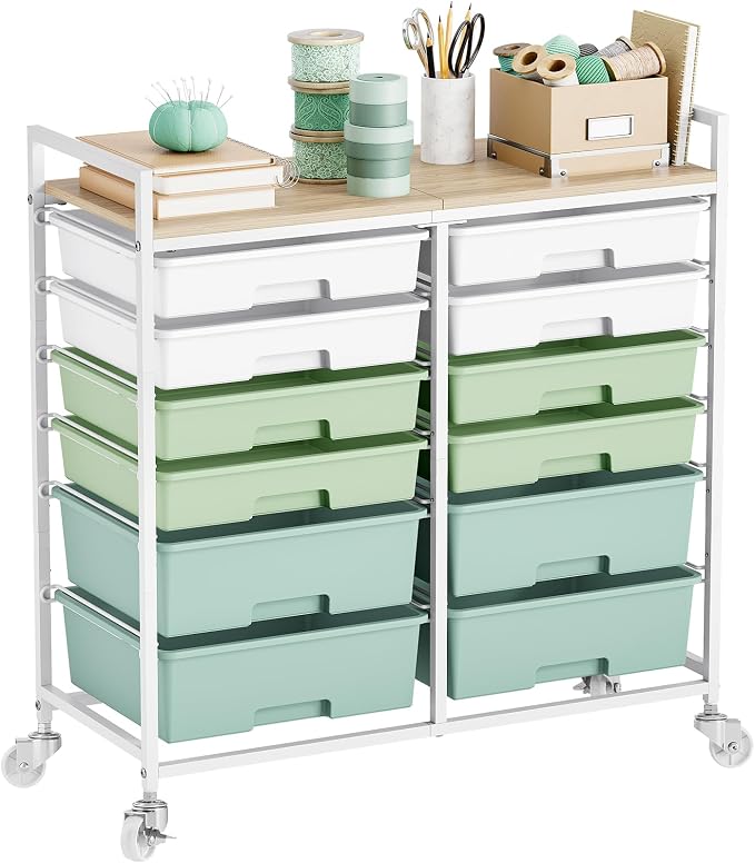 Rolling Storage Cart with 12 Drawers, Wooden Tabletop Utility Cart for Craft Storage, Art Supply Storage & Home Office Organization, Teacher Cart with Wheels for Classroom Organization, School (Green)