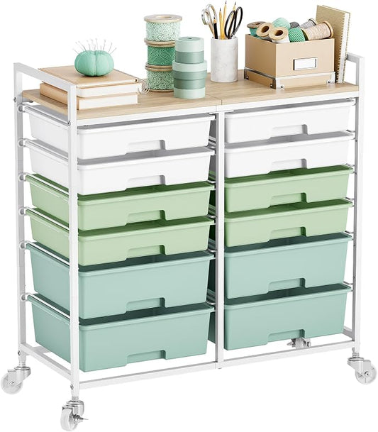 Rolling Storage Cart with 12 Drawers, Wooden Tabletop Utility Cart for Craft Storage, Art Supply Storage & Home Office Organization, Teacher Cart with Wheels for Classroom Organization, School (Green)