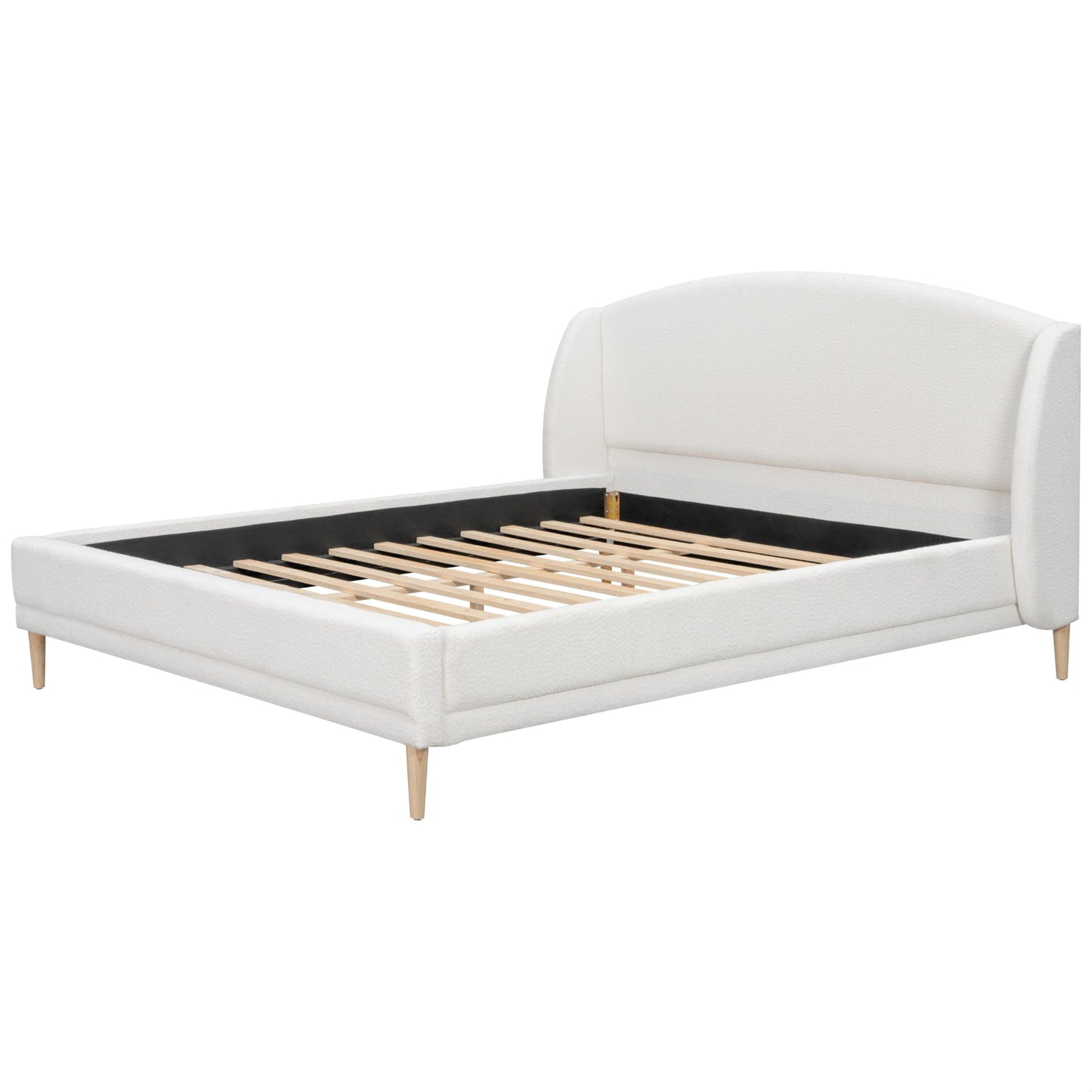 King Size Upholstered Platform Bed Frame with Boucle Fabric Wingback Headboard Solid Wood Legs No Box Spring Modern Bed Frame, White