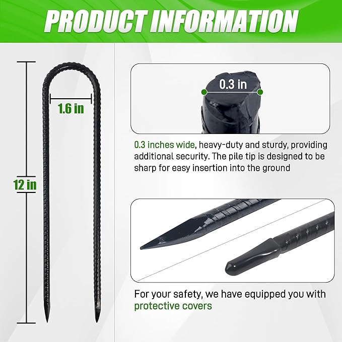 Anothera 4 Pack Heavy Duty Trampoline Stakes, 12 Inches Trampoline Anchors High Wind, Heavy Duty U Shaped Rebar Stakes for Trampoline, Tents, Inflatables, Fences, Outdoor Decoration