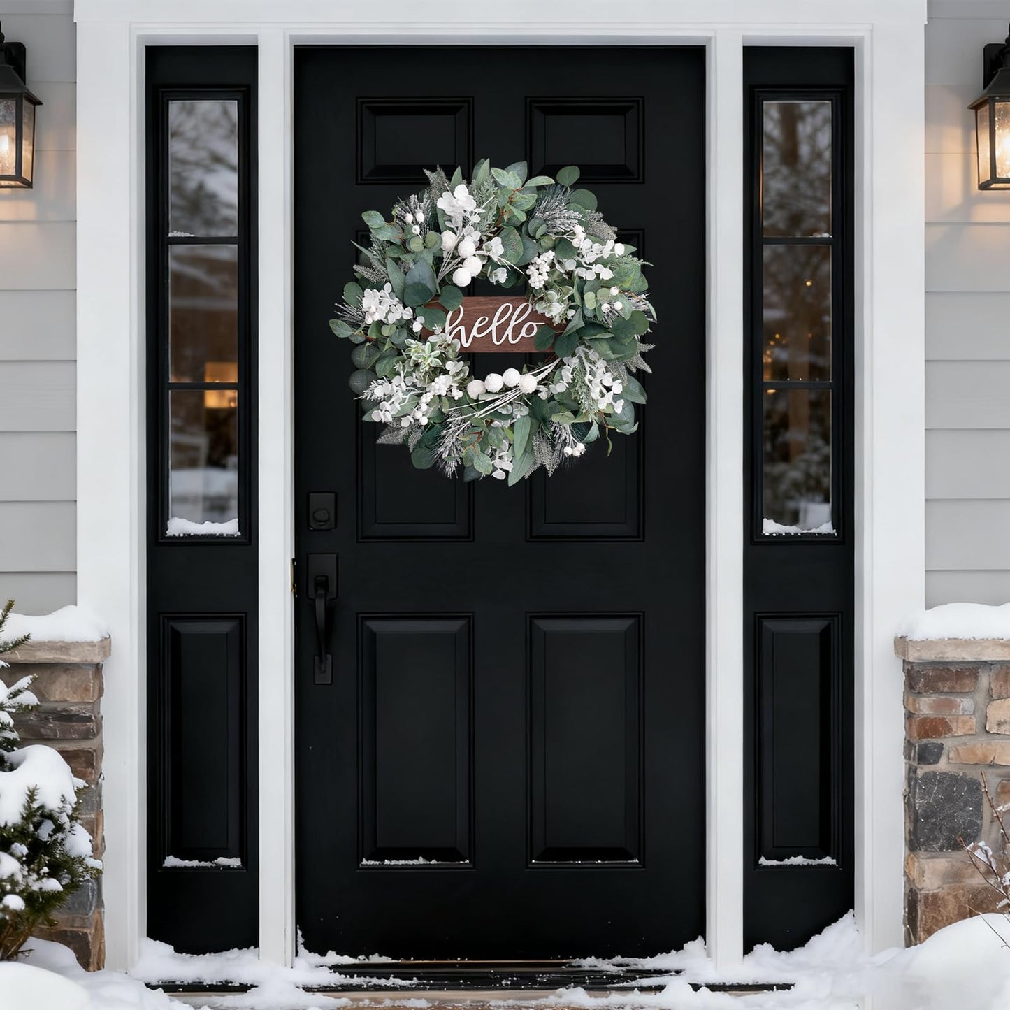 Winter Wreaths Front Door, Soomeir 24 Inch Winter Door Wreath with Snow Leaves, Pines Needles and Hello Wooden Sign for Home Window Mantle Indoor Outdoor Decor