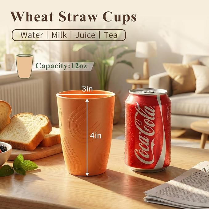 12oz Wheat Straw Cups Set of 6, Alternatives to Plastic Cups Reusable, Unbreakable Drinking Glasses, Microwave & Dishwasher Safe Drinking Cup, Small Water Cup for Kitchen, Party (Multicolor)