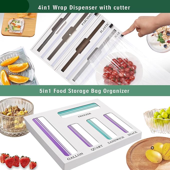 9 In 1 Storage Bag Organizer And Plastic Wrap Dispenser With Cutter, Bamboo Foil and Plastic Wrap Organizer