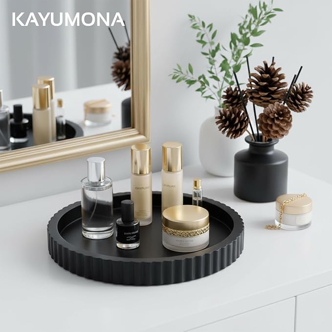 Modern Decorative Tray for Coffee Table, 11" Wooden Black Round Small Decor Tray for Candle, Perfume, Vanity, Kitchen Island Counter & Table Centerpiece