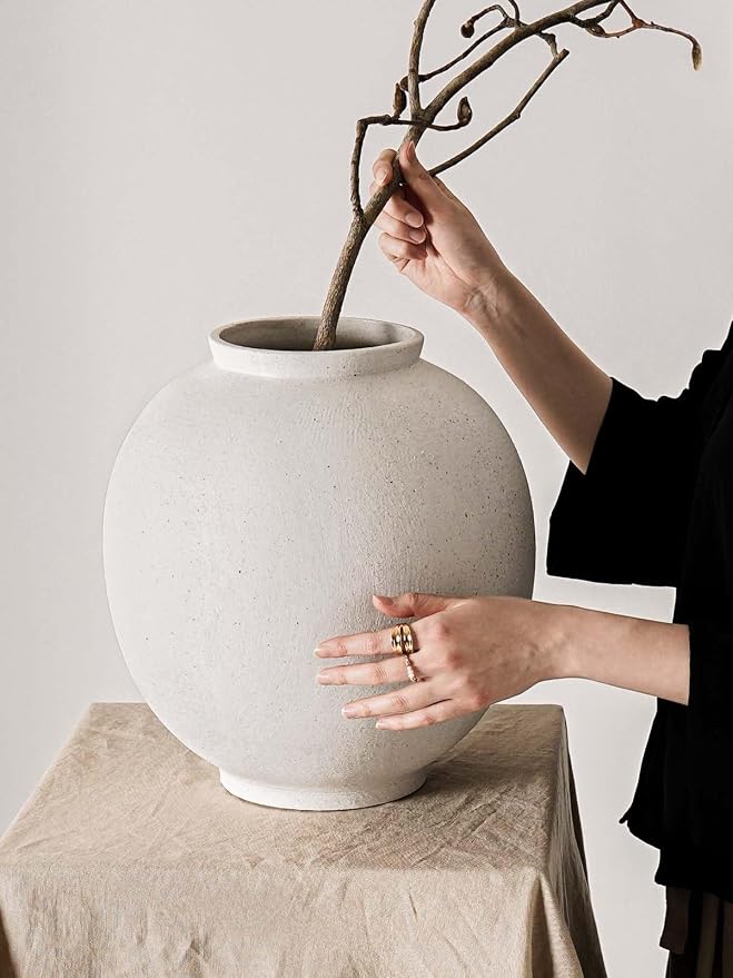 White Ceramic Vase - Large 13.5 Inch Round Floor Vase for Centerpieces, Farmhouse Flower Vases, Rustic Minimalist Home Decor (Sandstone White)